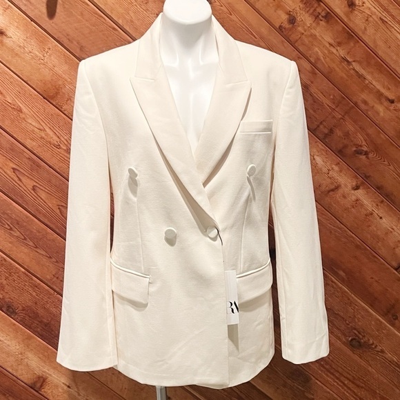 NWT Zara Double Breasted Cream White Tuxedo Style Blazer Jacket Large Lined - Picture 2 of 10